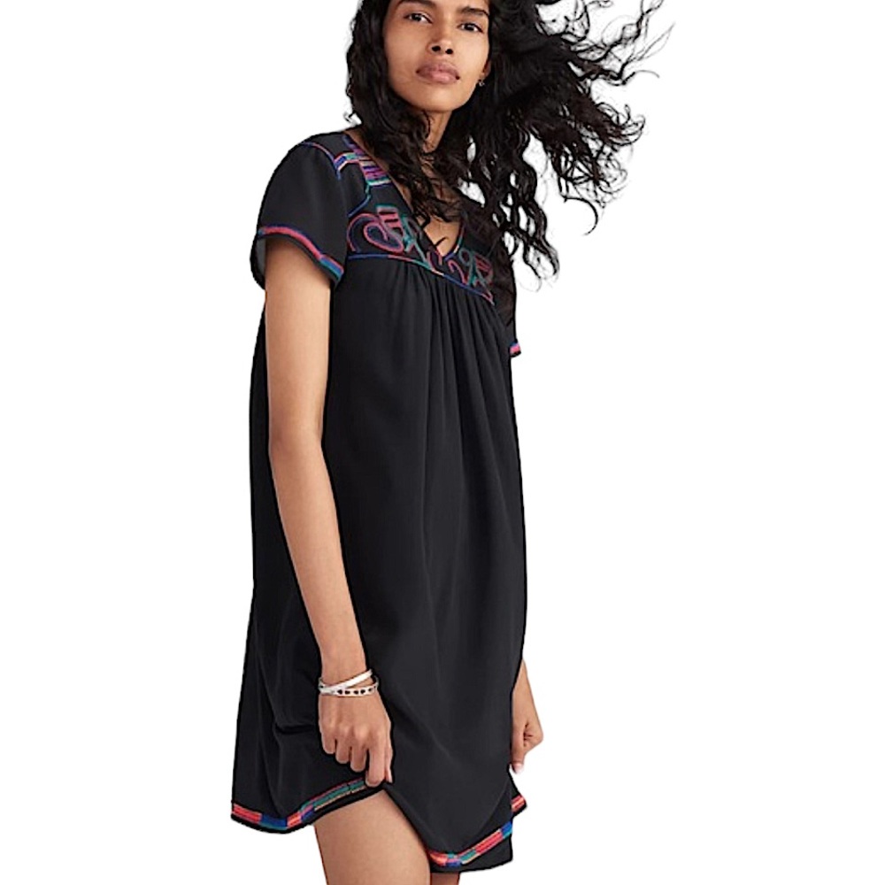 MADEWELL: 100% Silk Black Embroidered Colorstitch Mini Dress -Size Small
